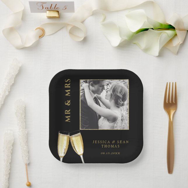 Elegantes Foto Wedding Champagne Pappteller (Hochzeit)
