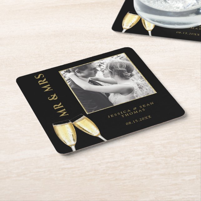 Elegantes Foto Wedding Champagne Rechteckiger Pappuntersetzer (angewinkelt)