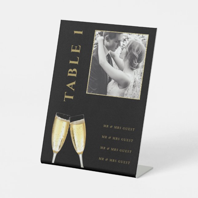 Elegantes Foto Wedding Champagne Tischnummer Sockelschild (Vorderseite)