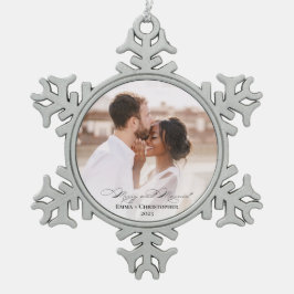 Elegantes Foto Weihnachten Moderne Freude & Verhei Schneeflocken Zinn-Ornament