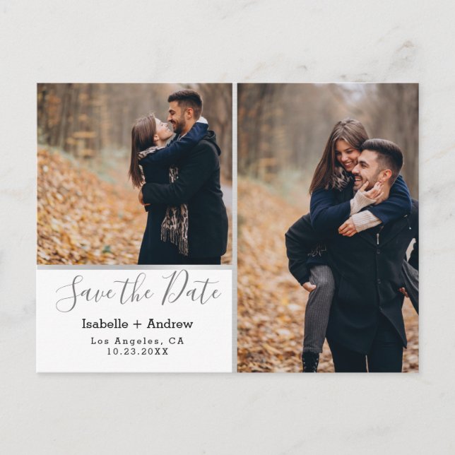 Elegantes Fotomaterial Weißes Silber Save the Date Ankündigungspostkarte (Vorderseite)