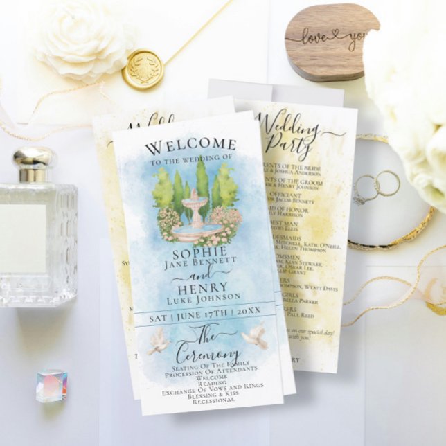 Elegantes Fountain-Tauben Luxus-Hochzeitsprogramm (Von Creator hochgeladen)