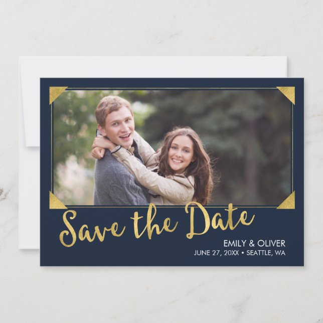 Elegantes Frame Imitate Gold Blue Foto Save the Da Date (Vorderseite)