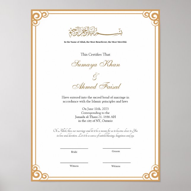 Elegantes Frame muslimisches Nikah-Zertifikat-Plak Poster (Vorne)