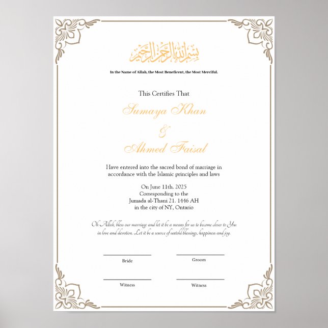 Elegantes Frame muslimisches Nikah-Zertifikat-Plak Poster (Vorne)
