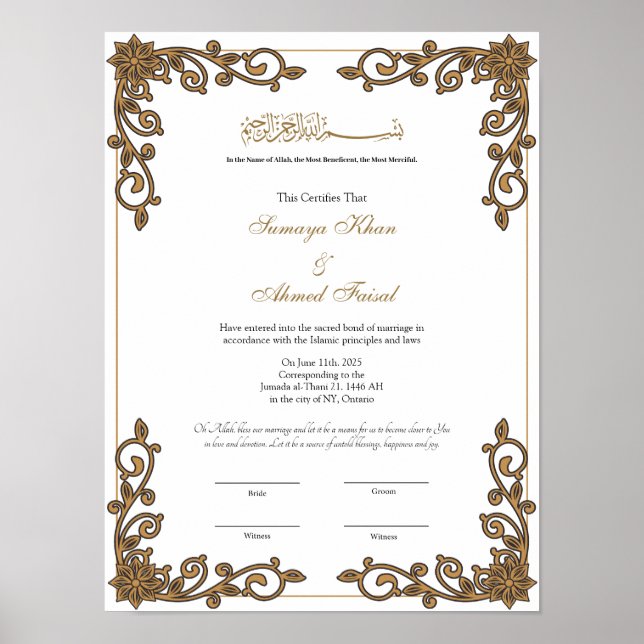 Elegantes Frame muslimisches Nikah-Zertifikat-Plak Poster (Vorne)