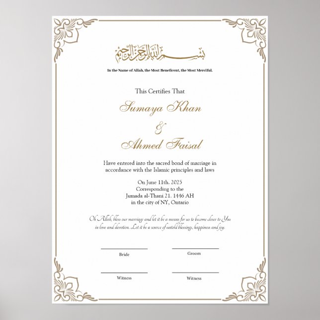 Elegantes Frame muslimisches Nikah-Zertifikat-Plak Poster (Vorne)