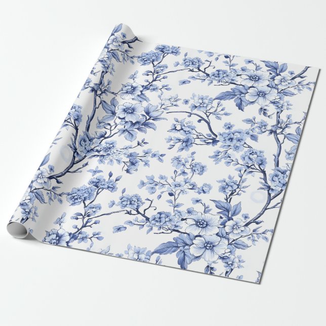 Elegantes Französisch Vintag Blauer Flor Geschenkpapier (Ungerollt)