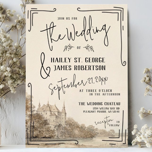 Elegantes französisches Chateau Hand Drawn Beige H Einladung (Elegant hand drawn quirky whimsical French chateau fantasy black and ivory cream wedding invitation)