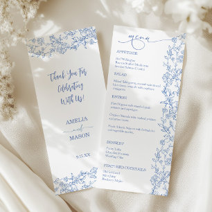 Elegantes französisches Dusty Blue Vintage Wedding Menükarte