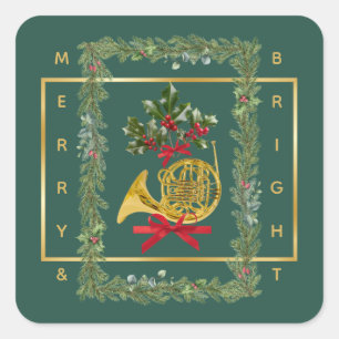 Elegantes französisches Horn Weihnachten Dunkelgrü Quadratischer Aufkleber