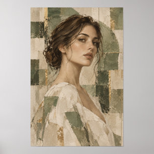 Elegantes Frauenporträt mit abstraktem Salbeigrün Poster