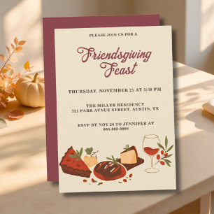 Elegantes Friendsgiving-Essen mit Essen und Wein Einladung