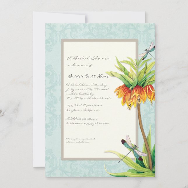 Elegantes Fritillaria Dragonfly Floral Brautparty Einladung (Vorderseite)