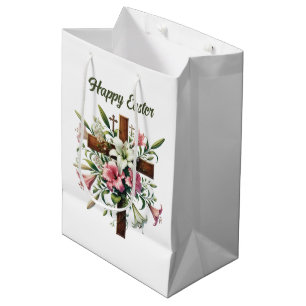 Elegantes Frohe Ostern florales Kreuz anpassbar Mittlere Geschenktüte