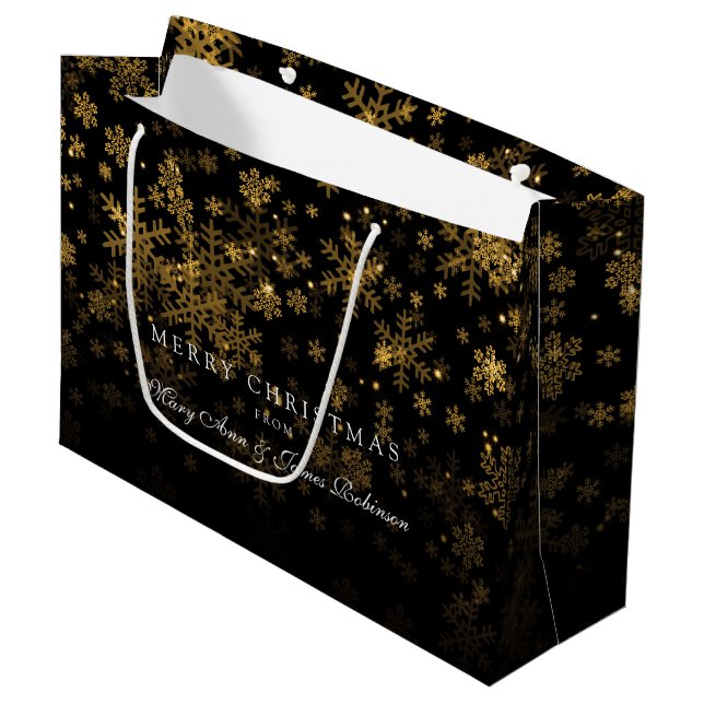 Elegantes frohe Weihnacht-Schein-Gold Große Geschenktüte (Vorderseite Schrägansicht)