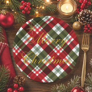 Elegantes Frohe Weihnachten Rot & Grün Tartan Karo Pappteller