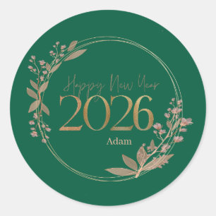 Elegantes Frohes Neues Jahr 2026 grün & Gold Perso Runder Aufkleber