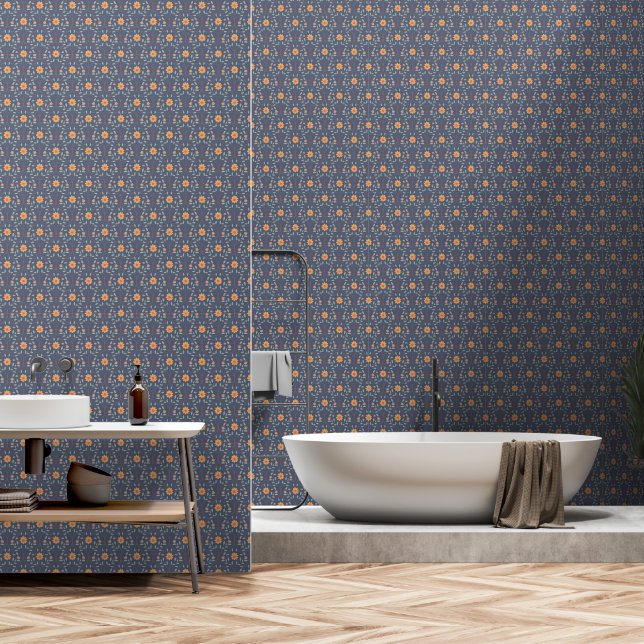 Elegantes Frühlingsfloral Muster Dusty Blau Tapete (Badezimmer)