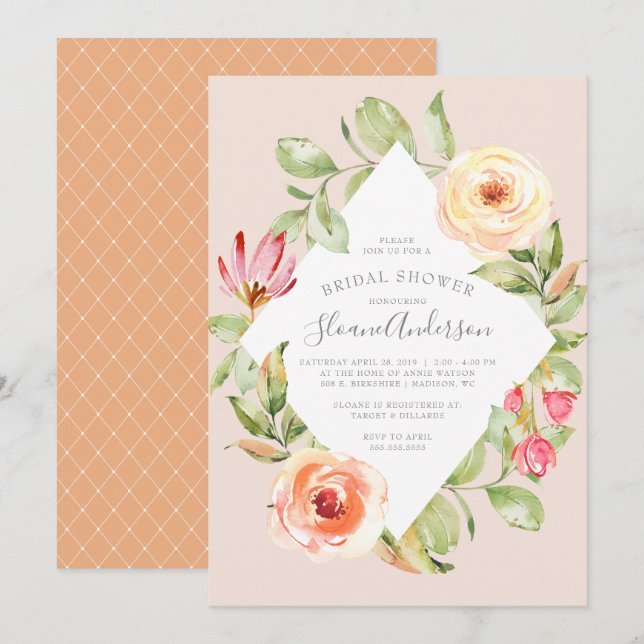 Elegantes Frühlingsflorale Diamond Peach Brautpart Einladung (Vorne/Hinten)