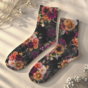 Elegantes Fuchsia-Orangen-Blumenmonogramm Socken