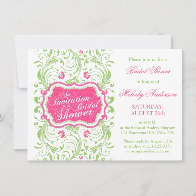 Elegantes Fuchsia Pink Green Floral Brautparty Einladung (Vorderseite)