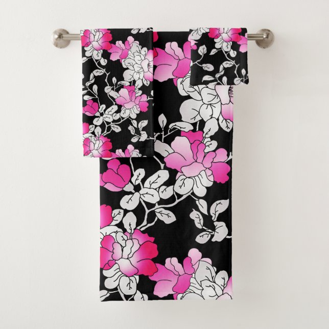 Elegantes Fuchsia Rosa Schwarzes Blumenmuster Badhandtuch Set (Insitu)