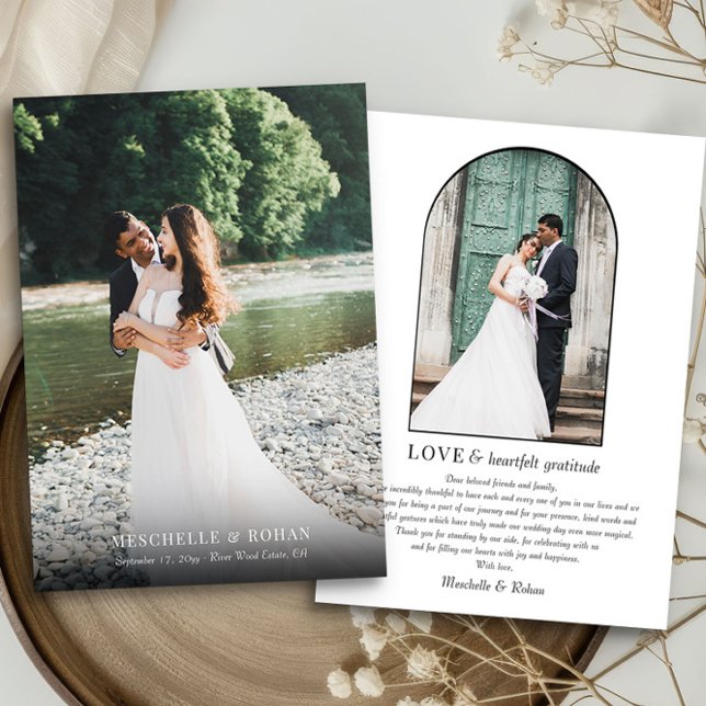 Elegantes Full Bleed and Arch Wedding Foto Dankeskarte (Wedding photo thank you card with full bleed photo and elegant arch shaped picture by Darling & May)