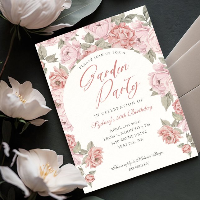 Elegantes Garden Party Pink Peony Florals Geburtst Einladung (Elegant Garden Party Pink Peony Florals Birthday Invitation)
