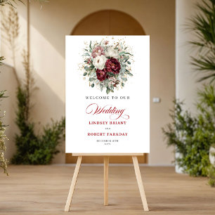 Elegantes Garten Burgunder Blumen Gold Willkommens Poster