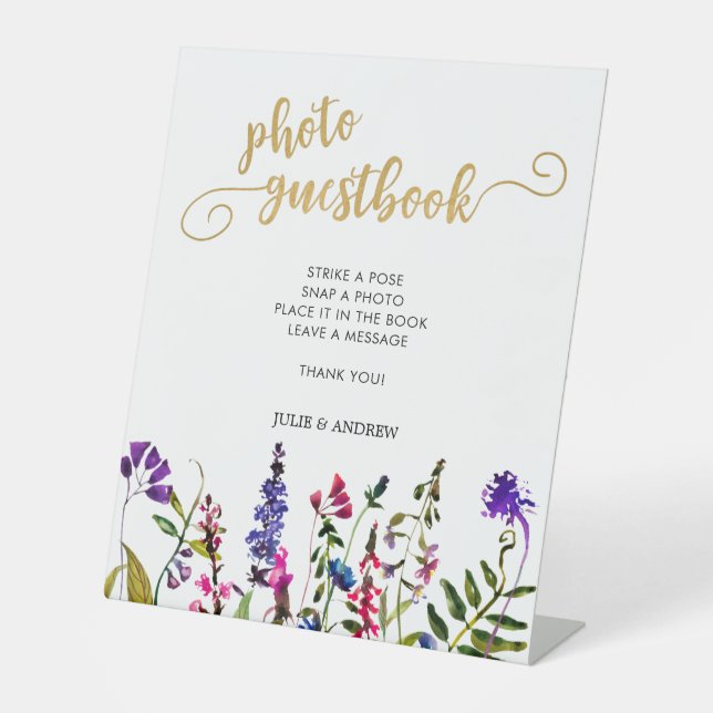 Elegantes Gästebuch für Wildblume Foto Sockelschild (Vorderseite)