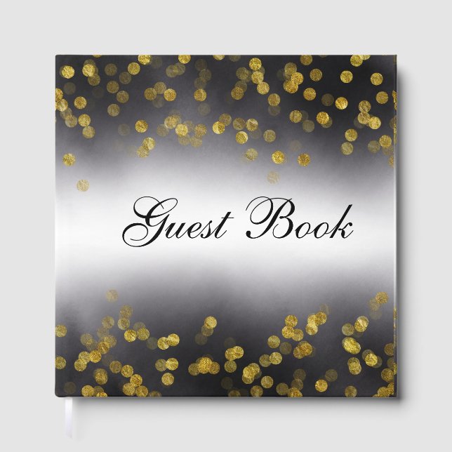 Elegantes Gästebuch Goldkonfetti auf Schwarz (Vorderseite)