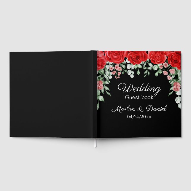 Elegantes Gästebuch in Schwarz und Rot Flora (Voll)