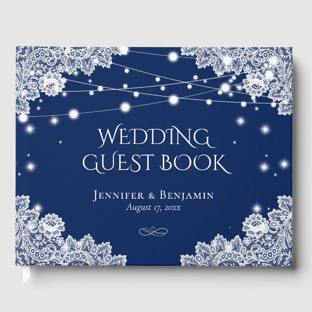 Elegantes Gästebuch Navy Blue und Lace Wedding (Vorderseite)