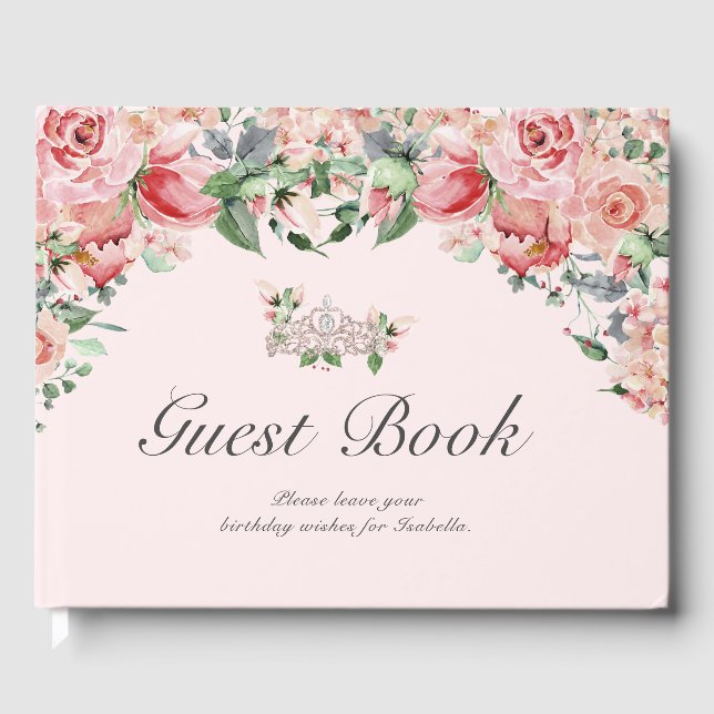 Elegantes Gästebuch Pink & Green Floral Quinceñera (Vorderseite)