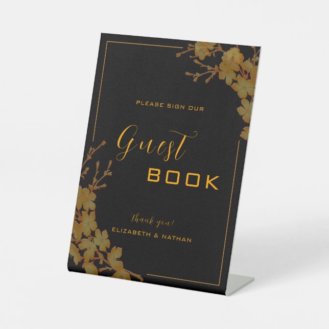 Elegantes Gästebuch Schwarz & Gold Sockelschild (Vorderseite)