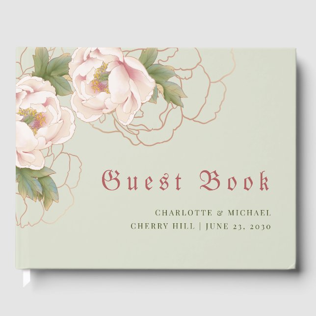 Elegantes Gästebuch und Blush Peony Floral (Vorderseite)