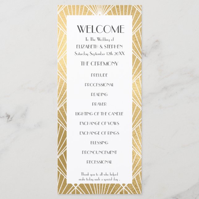 Elegantes Gatsby Deko White & Gold Hochzeitsprogra Programm (Vorderseite)