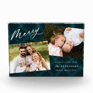 Elegantes, gebürstetes, teal kariertes Weihnachten Fotoblock