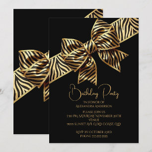 Elegantes Geburtstags Schwarz Gold Wild Zebra Stre Einladung
