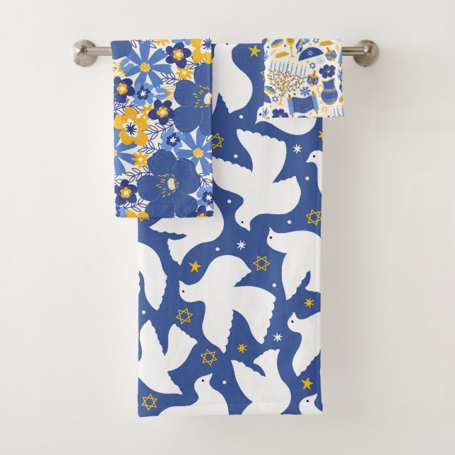 Elegantes Gelb & Blau Hanukkah Badezimmer Handtuch Badhandtuch Set (Insitu)