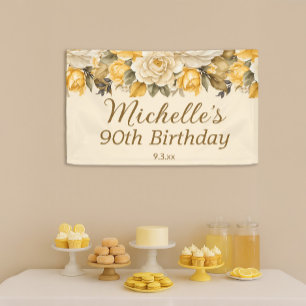 Elegantes Gelb Elfenbein Creme Blumen 90. Geburtst Banner