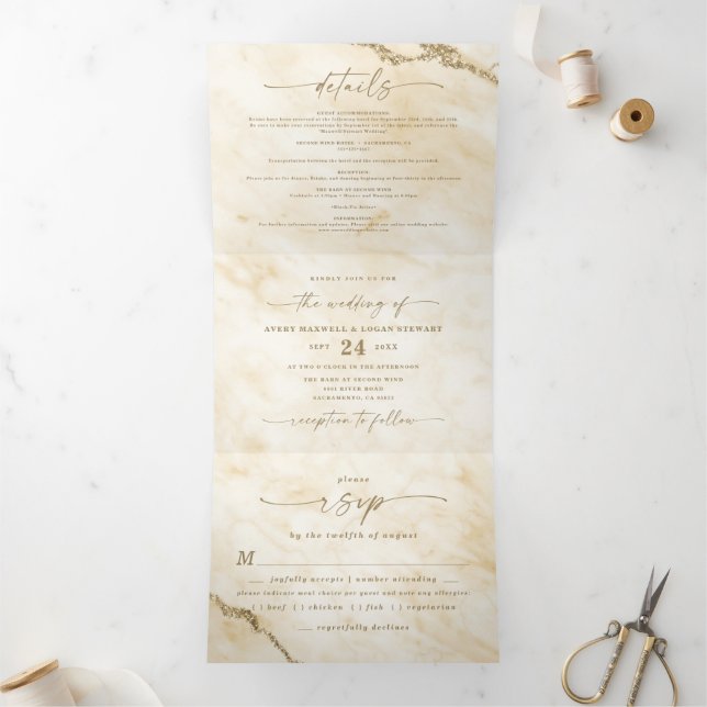 Elegantes Gelb mit Goldfräsen Hochzeit Dreifach Gefaltete Einladung (Innenseite)