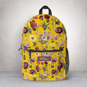 Elegantes gelbes Blumenmuster Monogramm Bedruckter Rucksack