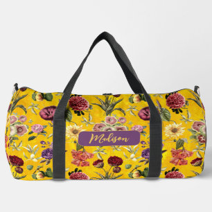 Elegantes gelbes Blumenmuster, Monogramm gedruckt Duffle Bag