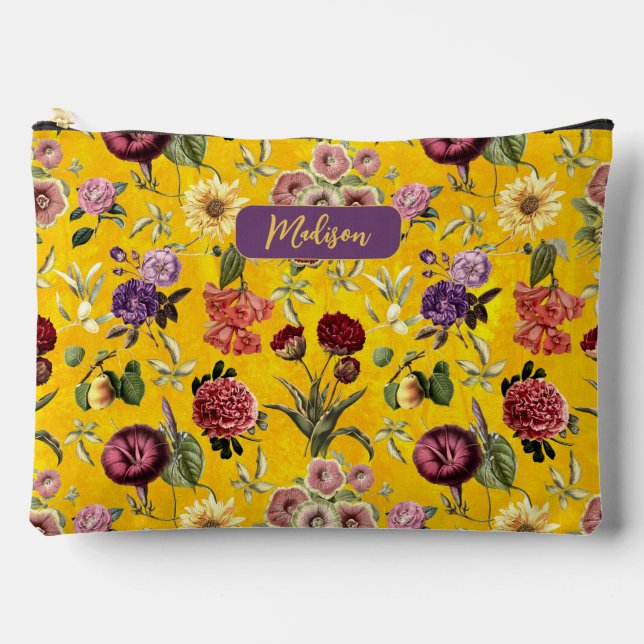Elegantes gelbes Blumenmuster Monogramm Zubehörtasche (Vorderseite)