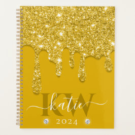 Elegantes Gelbes Dripping-Glitzer Monogramm Planer