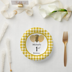 Elegantes gelbes Gingham & Luftballons 1. Geburtst Pappteller