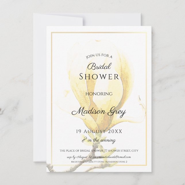Elegantes Gelbes Magnolia-Brautparty Einladung (Vorderseite)