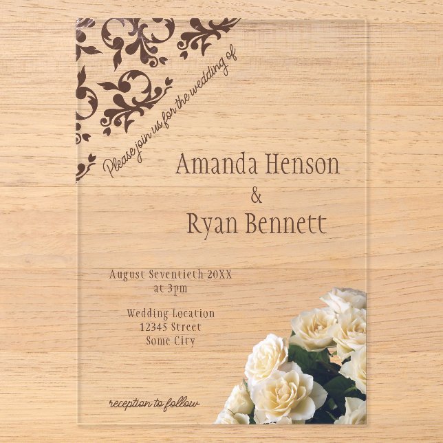 Elegantes, gelbes Rose-Rocco-Muster Hochzeit Acryleinladungen (Vorderseite)